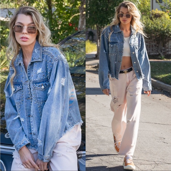 Beaded Pearls and Studs Oversized Distressed Denim Jean Jacket - Picture 4 of 13